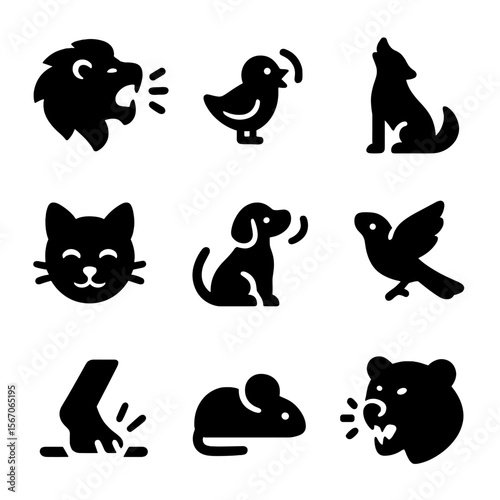 Animal Sound Icons. Solid, filled icon set of animal sounds and actions: roar, chirp, howl, purr, bark, flap, stomp, squeak, growl