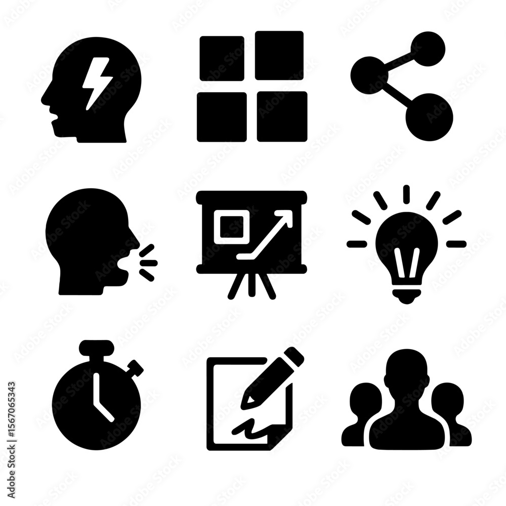 Fototapeta premium Brainstorming Icon Grid. Solid, filled icon set of brainstorming: lightning mind, sticky note grid, connected dots, shouting face,