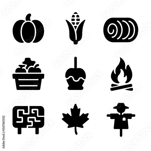Autumn Harvest Icons. Solid, filled icon set of autumn harvest festivals: pumpkin, corn stalk, hay bale, scarecrow, apple basket,