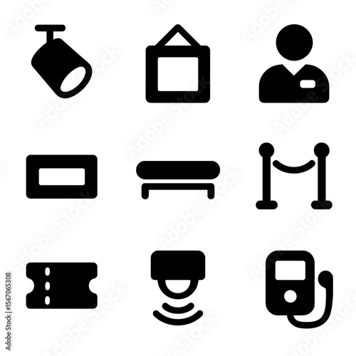 Art Gallery Icons. Solid, filled icon set of art gallery features: spotlight, hanging wire, visitor guide, wall tag, museum bench,
