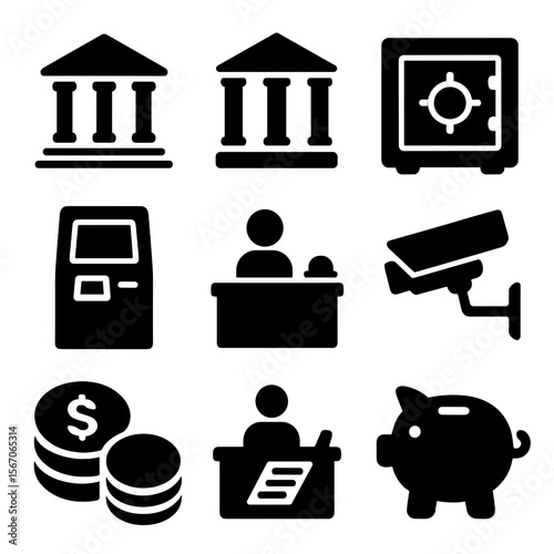 Bank Icons Collection. Solid, filled icon set of bank building architecture: classical facade, column entrance, vault door, ATM