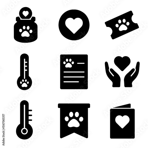 Animal Shelter Fundraising Icons. Solid, filled icons set of fundraising for animal shelters: donation jar,