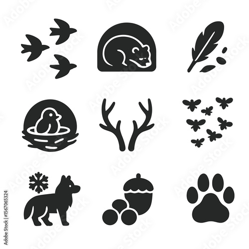 Animal Seasonal Behaviors Icons. Solid, filled icons set of animal seasonal behaviors: bird migration,
