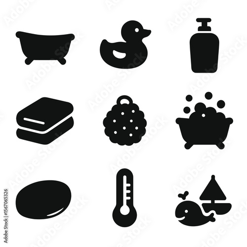 Baby Bath Icons. Solid, filled icon set of baby bath time: bathtub, rubber duck, shampoo bottle, towel, washcloth, bubble bath,