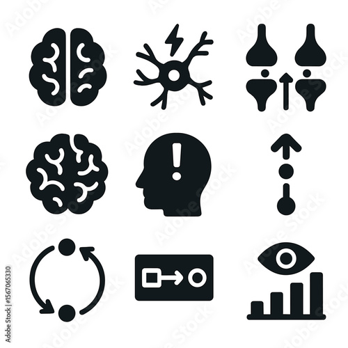 Brain Processing Icons. Solid, filled icon set of brain and sensory processing: brain, neuron signal, synapse, cortex, reaction