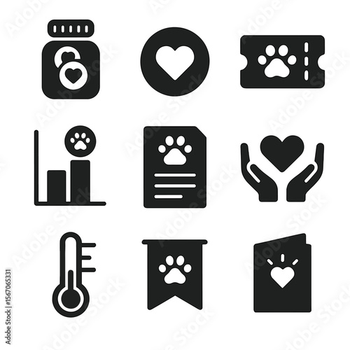 Animal Shelter Fundraising Icons. Solid, filled icons set of fundraising for animal shelters: donation jar,