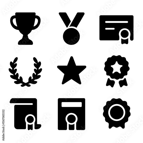 Award Icons Grid. Solid, filled icon set of recognition symbols: trophy, medal, certificate, laurel wreath, star, ribbon badge,