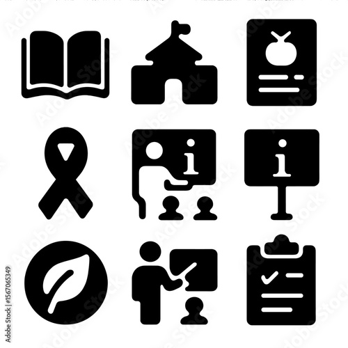 Awareness and Education Icons. Solid, filled icon set of awareness and education: open book, school plate, food fact sheet,