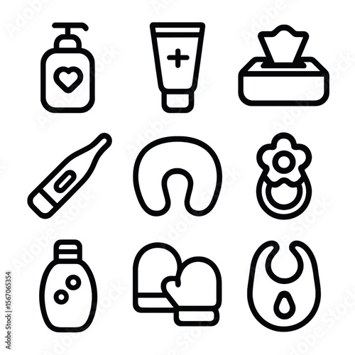 Baby Care Essentials Icons. Solid, filled icon set of baby care essentials: baby lotion, diaper rash cream, baby wipes, baby