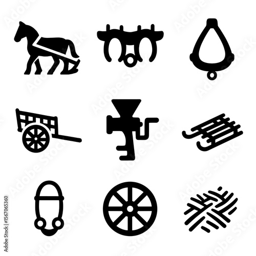 Animal-Powered Farming Icons. Solid, filled icons set of animal-powered farming: plow horse, ox yoke, harness
