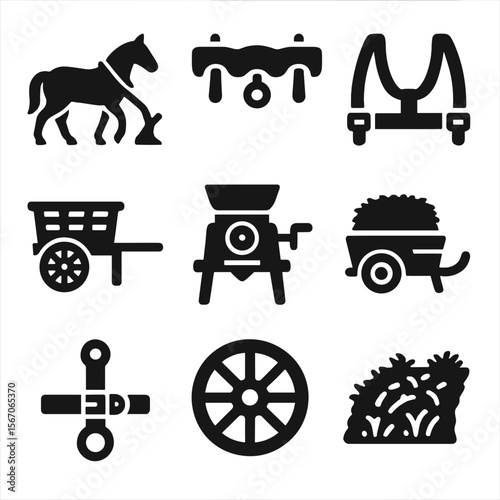 Animal-Powered Farming Icons. Solid, filled icons set of animal-powered farming: plow horse, ox yoke, harness