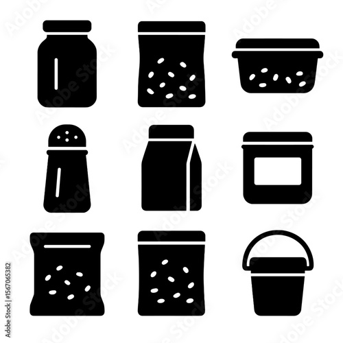 Breadcrumb Storage Icons. Solid, filled icon set of breadcrumb storage and packaging: glass jar, ziplock bag, plastic container,