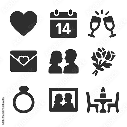 Anniversary Icons Set. Solid, filled icons set of anniversaries and milestone moments in relationships: heart