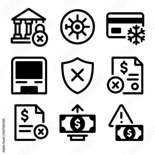 Banking Instability Icons. Solid, filled icon set of banking instability: closed bank, bank vault lock, frozen account, empty ATM,