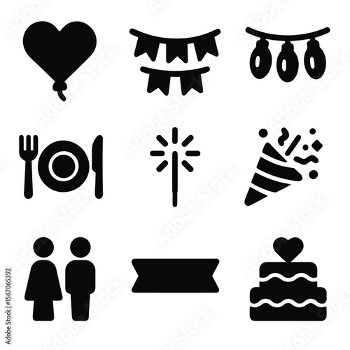 Anniversary Celebration Icons. Solid, filled icons set of anniversary celebration decorations: heart balloon,
