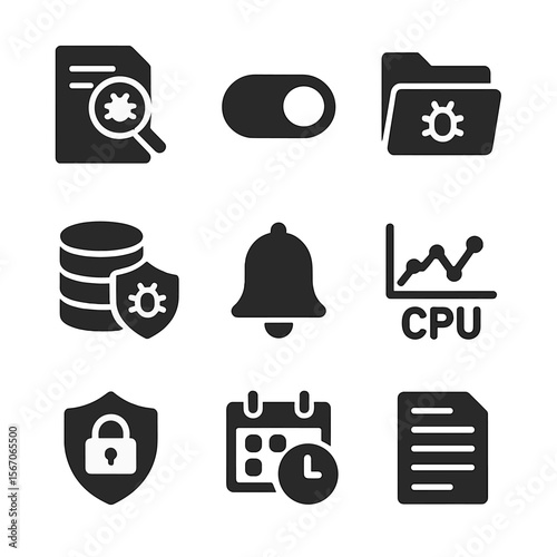 Antivirus Dashboard Icons. Solid, filled icons set of antivirus system dashboard: scan report, real-time