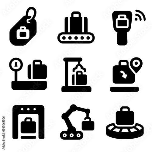 Baggage Technology Icons. Solid, filled icon set of baggage handling technology: smart tag, conveyor belt, RFID scanner, luggage