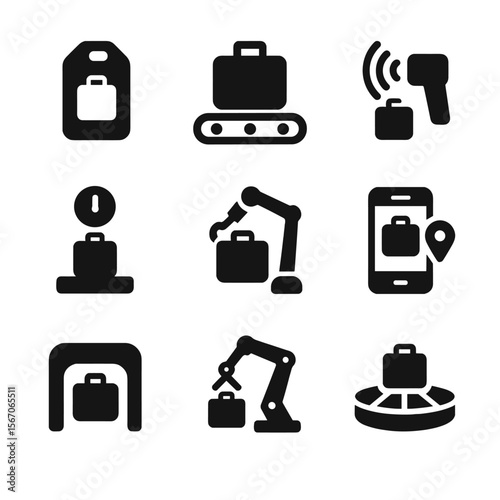 Baggage Technology Icons. Solid, filled icon set of baggage handling technology: smart tag, conveyor belt, RFID scanner, luggage