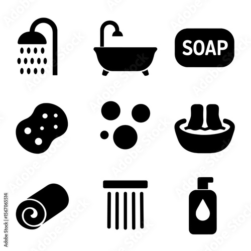 Bath Therapy Icons. Solid, filled icon set of bath and shower therapy: rainfall showerhead, bathtub, soap bar, sponge, bubble icon