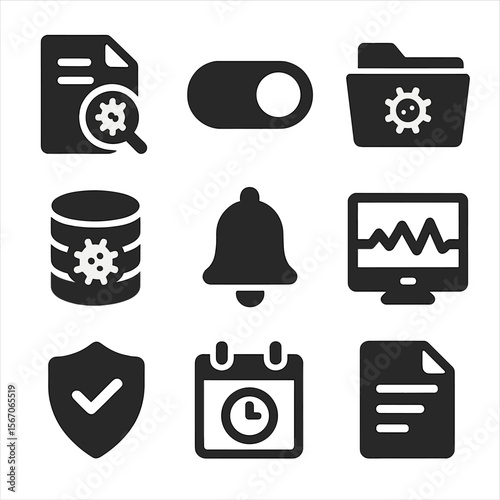 Antivirus Dashboard Icons. Solid, filled icons set of antivirus system dashboard: scan report, real-time
