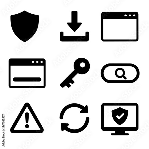 Antivirus Software Icons. Solid, filled icons set of installing antivirus software: shield icon, download