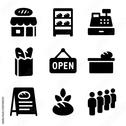 Bakery Icon Set. Solid, filled icon set of bread shop elements: bakery storefront, bread display shelf, cash register, paper bag