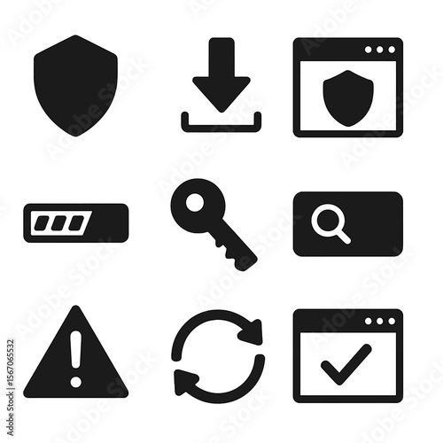 Antivirus Software Icons. Solid, filled icons set of installing antivirus software: shield icon, download