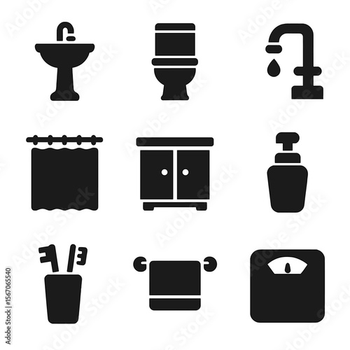 Bathroom Essentials Icons. Solid, filled icon set of bathroom fixtures: sink, toilet, faucet, shower curtain, cabinet, soap