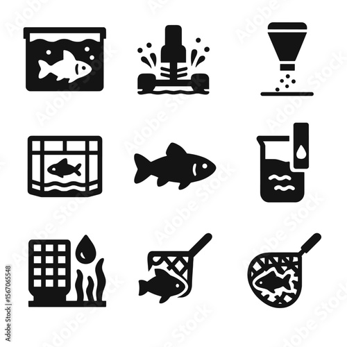Aquaculture Icon Set. Solid, filled icons set of aquaculture and fish farming: fish tank, water aerator,