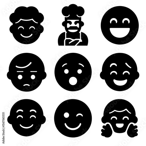 Baking Emotion Icons. Solid, filled icon set of baking emotions and expressions: happy child, proud baker, excited smile,