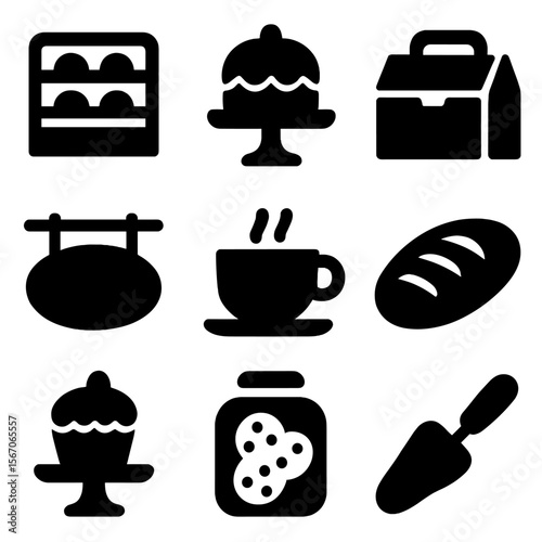 Bakery Icon Set. Solid, filled icon set of bakery shop items: display case, cake stand, pastry box, bakery sign, coffee cup, bread