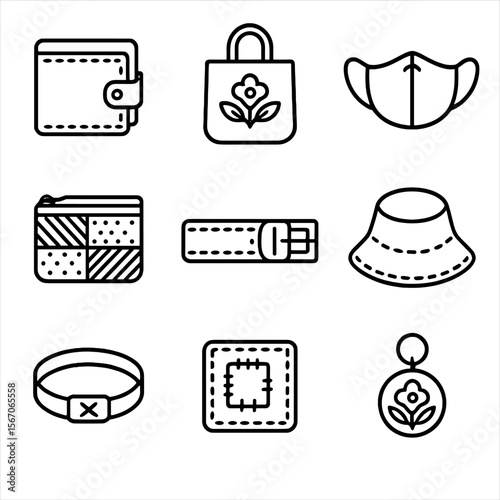 Handmade Accessories Icons. Outline icon set of handmade accessories: hand-stitched leather wallet, embroidered tote bag, cloth