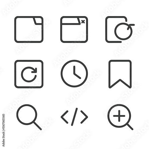 Browser Shortcut Icons. Outline icon set of browser shortcuts: new tab, close tab, reopen tab, refresh page, open history,