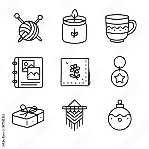 Handmade Gift Icons. Outline icon set of handmade DIY gifts: knitting needles with yarn ball, handcrafted candle jar, pottery mug