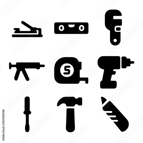 Bathroom Tools Grid. Solid, filled icon set of bathroom renovation tools: tile cutter, spirit level, pipe wrench, caulking gun,