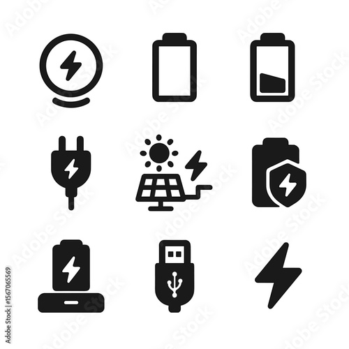Battery Icon Set. Solid, filled icon set of charging and battery: wireless charger, battery full, battery low, power cable, solar
