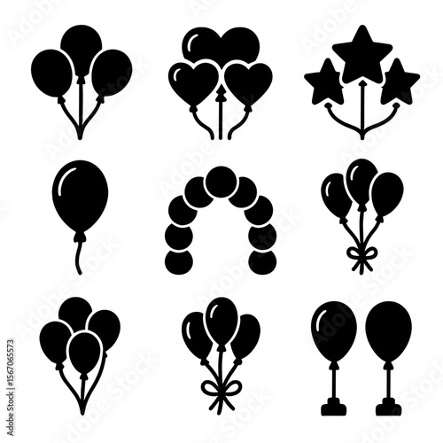 Balloon Icon Set. Solid, filled icon set of balloon clusters: round balloons, heart-shaped balloons, star balloons, foil balloons,