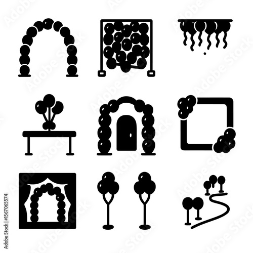 Balloon Decor Icons. Solid, filled icon set of balloon cluster settings: outdoor balloon arch, indoor balloon backdrop, balloon