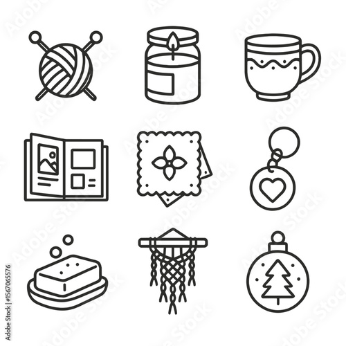 Handmade Gift Icons. Outline icon set of handmade DIY gifts: knitting needles with yarn ball, handcrafted candle jar, pottery mug