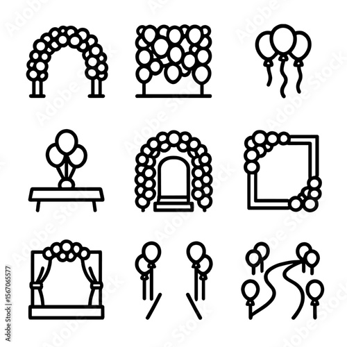 Balloon Decor Icons. Solid, filled icon set of balloon cluster settings: outdoor balloon arch, indoor balloon backdrop, balloon