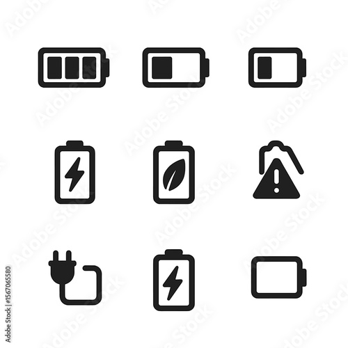 Battery Icon Grid. Solid, filled icon set of battery status indicators: full battery, half battery, low battery, charging, power
