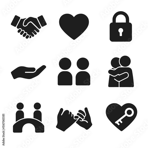 Building Trust Icons. Solid, filled icon set of building trust in relationships: handshake, heart, lock, open hand, eye contact,