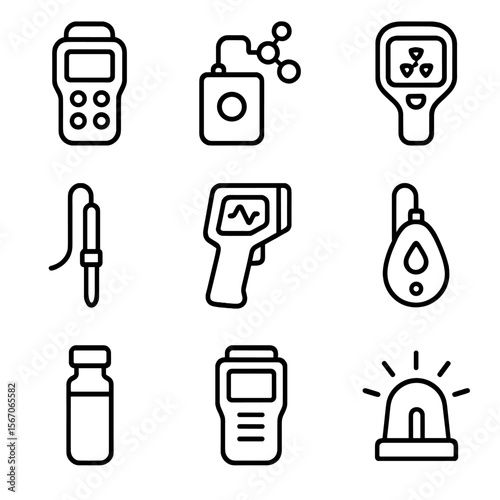 Hazard Detection Icons. Outline icon set of hazardous material detection and monitoring: gas detector, chemical sensor, radiation