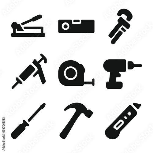 Bathroom Tools Grid. Solid, filled icon set of bathroom renovation tools: tile cutter, spirit level, pipe wrench, caulking gun,