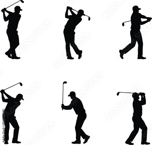 Six golf player silhouettes action shots golfing