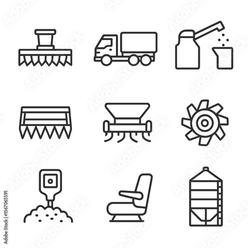 Harvesting Tools Icons. Outline icon set of harvesting and crop collection: combine harvester header, grain tanker truck,