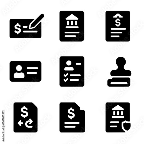 Banking Documents Icons. Solid, filled icon set of banking documents: checkbook, passbook, account statement, ID card, application