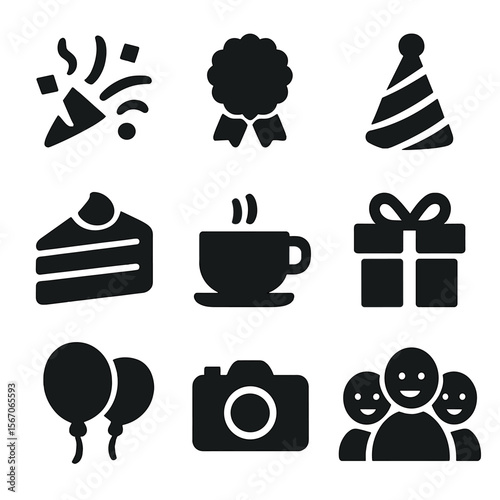 Bake-Off Celebration Icons. Solid, filled icon set of celebration after the bake-off: confetti, ribbon, party hat, cake slice, tea