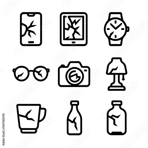 Broken Glass Icons. Solid, filled icon set of broken glass in everyday objects: broken smartphone, shattered tablet, cracked watch