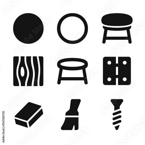 Barrel Stool Icons. Solid, filled icon set of barrel stool creation: barrel top, metal ring, cushion topper, footrest bar, hinge